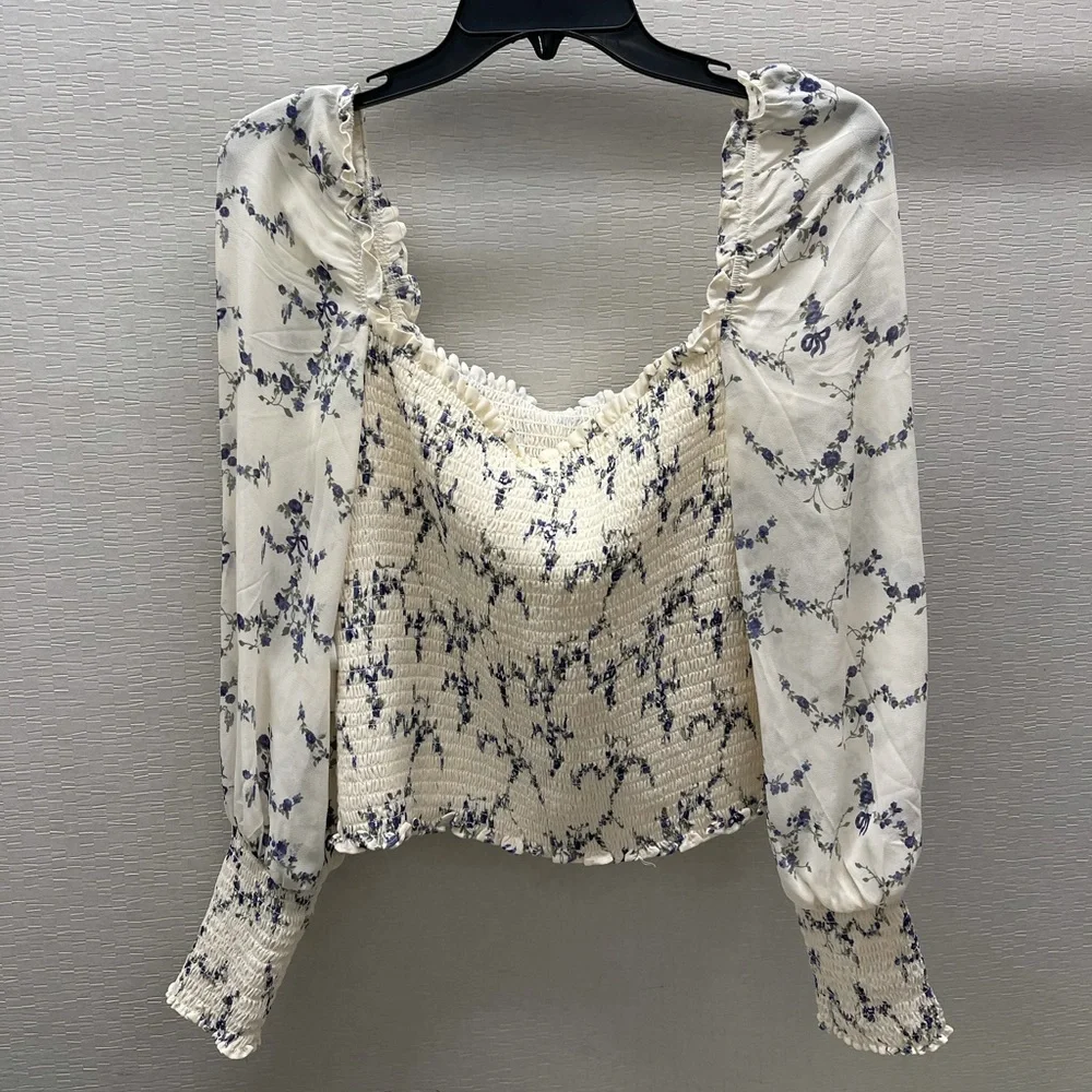 Reformation Cream Floral Smocked Square-Neck Top